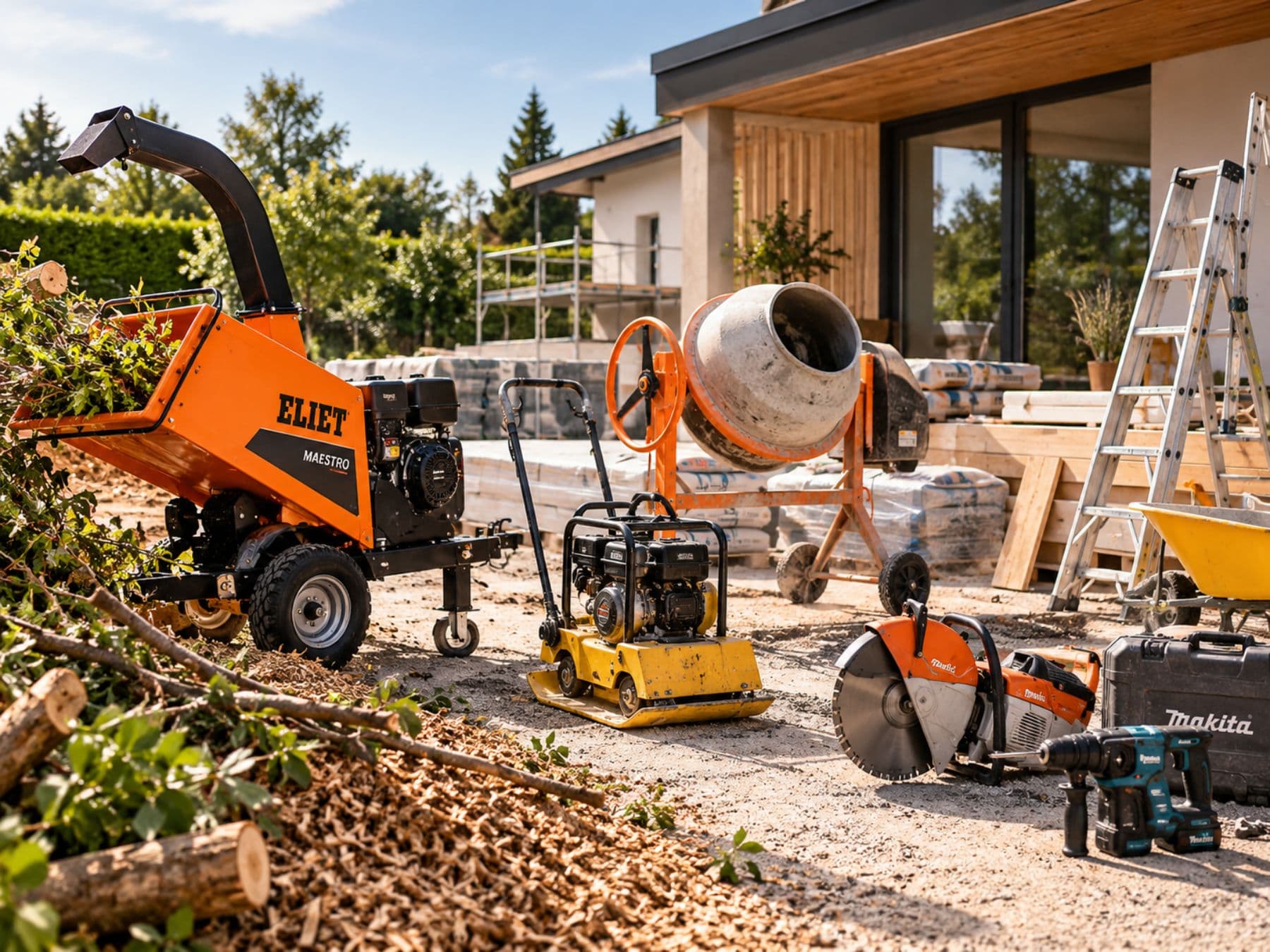 Eliet chipper, mixer and tools on a worksite